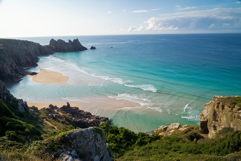 Praia Porthcurno, Cornwall, Inglaterra